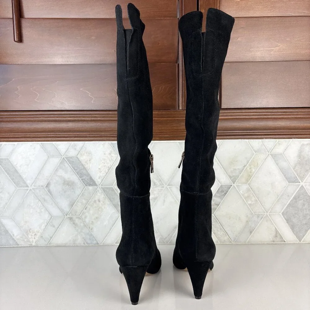 7.5 Tall Knee High Boot Black Leather Suede Cone Heel Pointed Toe Zip Bryle